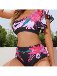ชุดว่ายน้ำรูปพิมพ์ลายแขนเดียวพร้อมชายริบบิ้น ชุดว่ายน้ำทรงบิกินี่ ชุดกีฬา ชุดโยคะ ชุดฟิตเนส ชุดกีฬา