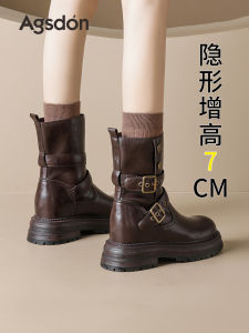 Agsdon Womens Martin Boots Thick Bottom High Heel Autumn New Style British Style Short Boots Casual Mid-Calf Synthetic Leather