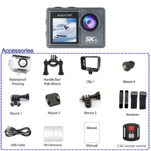 Camera Hành Động 5K Chống Nước 30M Màn Hình Cảm Ứng IPS Kép Zoom 5X 170 ° Camera Thể Thao Mini WiFi Góc Rộng Có Điều Khiển Từ Xa