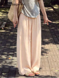 La Chapelle | Pink Rayon Linen High Waisted Slim Straight Leg Trousers