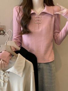 Spring Autumn Short Chinese Style Polo Collar Long Sleeve Womens T-shirt Sweet Slim Fit Black Top Button up Cotton Tee