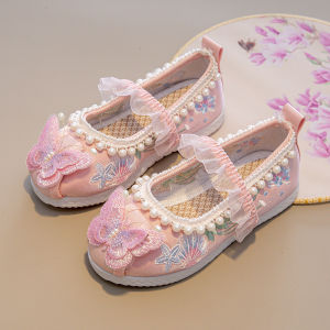 หญิง ชุดฮั่นฝู รองเท้าปักสลิปออนด้านล่างนุ่มสไตล์จีนแบบดั้งเดิมเจ้าหญิงรองเท้านิ้วเท้าหงายรองเท้าเด็ก