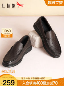 Red Dragonfly Casual Leather Shoes Mens Slip-On Hollow out Genuine Leather Sandals Summer New Style Middle-Aged Dad Shoes