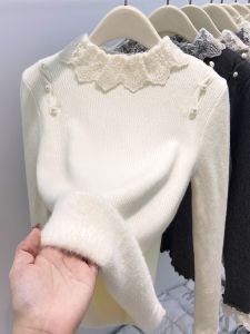 Lace Splice Wooden Edge Bead Embellished Fleece Lined Thick Long Sleeve Knitted Sweater Womens Autumn Winter New Style Beautiful Base Shirt Top