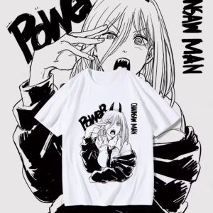 Bandai | Chainsaw Man Power Anime T-shirt with Anime Pattern Cotton Short Sleeved T-shirt for Men and Women Summer Casual Streetwear