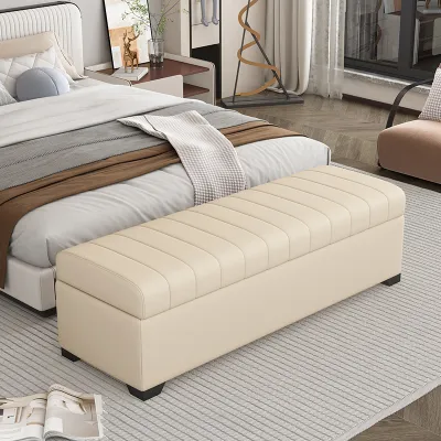 Luxury Leather Storage Bench Bedroom Sofa Bed End Living Room Entryway Hall Pure Color Wooden Frame High Load Capacity Bench