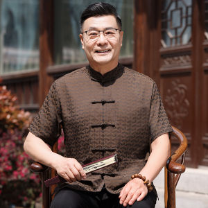 New Arrival Mulberry Silk Men Tang Suit Short Sleeve Suit Middle-Aged and Elderly Chinese Style Grandpa Clothes Thin Dad Summer Clothes