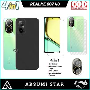 Paket 4in1 CASE REALME C67 4G Softcase Slim Black Matte Case Liquit + Tg Anti Gores Ceramic Matte Anti Spy + Garskin Carbon 3D + Skin Camera Lens