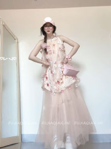 Váy Lưới Ren Cổ Treo Họa Tiết Hoa Ba Chiều STUDIO Sweet Gentle Fairy Half Skirt Set Váy Công Sở Mùa Xuân Thu Đông Không Tay