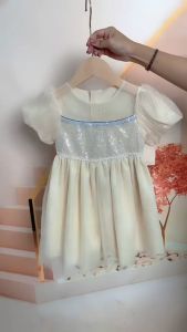 Dress Putih dengan Sequin Puff Anak Perempuan Gaya Korea