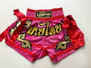 Ram Lumpini Satin Muay Thai Fight Shorts Hot Pink with Red Ribbons Small