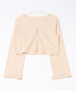 เสื้อคาร์ดิแกนถักแขนยาวคอวีสีพื้นสไตล์หวานสำหรับฤดูใบไม้ผลิและฤดูร้อน แขนยาวป้องกันแสงแดด ขอบไม้ แขนสั้น ผ้าฝ้าย