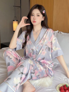 Elegant Ice Silk Sleepwear Womens Summer New Style Short Sleeve Long Pants Two-Piece Set Floral Print Large Collar Home Clothes