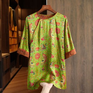 Green Silk Lacoste Shirt Womens round Neck Tie Dyeing Silk Interwoven Xiangyun Silk Top Original Design Loose Fit UV Protection