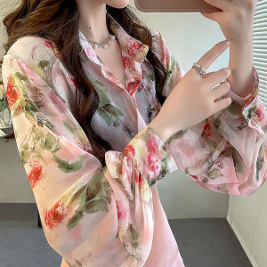 Korean Style Floral Print Chiffon Shirt Womens Thin Loose Summer New Breathable Sun Protection Top Button Design Long Sleeve Polo Neck
