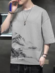 ROMON | Lormen Mens Pure Cotton Short Sleeve T-shirt Summer Thin Ice Silk Loose Round Neck Casual Chinese Style Printed Top