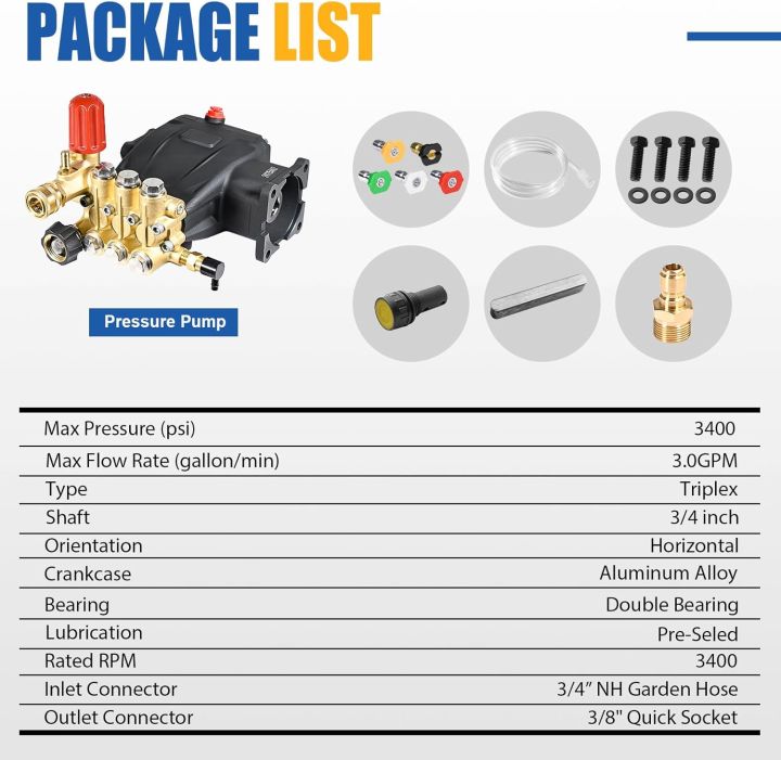 TOOLCY%20Pressure%20Washer%20Pump%203400%20PSI%20Max%203.0%20GPM,%203/4%20inch%20Shaft%20Horizontal%20Triplex%20Plunger%20Pump%20Replacement,%20Direct%20Drive,%20with%20Unloader,%205%20Nozzle%20Tips,%203/8"%20QC%20to%20M22-14mm%20Adapter%20-%20Image%209