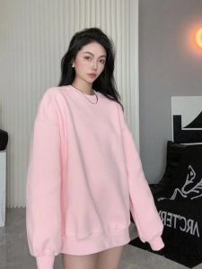 Pink round Neck Sweatshirt Womens Style Mid-Length Thin Unique Loose Outerwear Comfortable Korean Version Long Sleeve