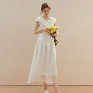 INMAN | Vacation Elegance Waist-Cinching Pleated White Dress