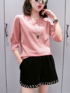 Button Design Casual Three-Quarter Sleeve round Neck T-Shirt Women Slimming Pure Cotton Summer New Fashion Korean Style Top
