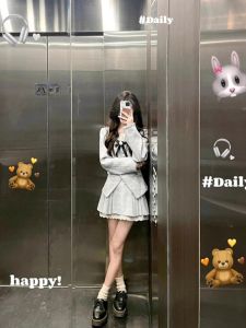 French Style Anti-Aging Set Womens Spring Autumn Short Open Cardigan + High Waist Pleated Skirt Two-Piece Set Fashionable