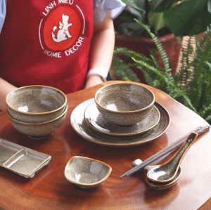 Bát ăn cơm bằng sứ hỏa biến cao cấp Bát Tràng - màu xanh lam biếc và gấm sang trọng phong cách Bắc Âu