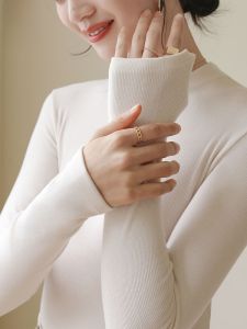 miiow | Womens White Half-High Collar Base Shirt Autumn Winter New Style Slim Fit Long Sleeve Inner Wear MiiOW Cat Person Base Shirt