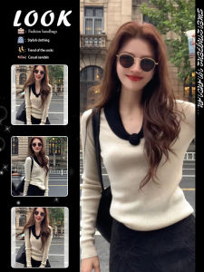French Color Blocking V-Neck Long Sleeve Knit Blouse