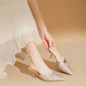 Summer 2025 French Style Half Slippers High Heel Open Toe Womens Outdoor Fashion Thin Heel Pointed Toe Slippers Bright Sequin