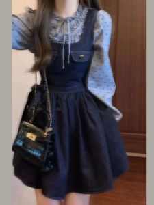 Autumn Clothing Matching a Set of Age-Reducing Korean Style Miu Li Miu Gas Wear Matching Denim Suspender Dress Two-piece Set Clothing Dress