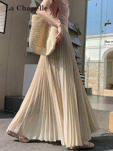 La Chapelle | Beige Pleated High Waist Thin Long A-Line Half Skirt