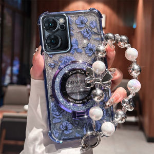 Luxurious Fashion Phone Case for Oppo Reno7 pro Women Magnetic Absorption Four Corners Anti-Fall with Bracelet Silicone Material