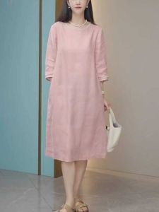 Casual New Chinese Style Cotton Linen Dress Womens Seven Sleeve Loose Belly Covering Vintage Midi Skirt Summer New Arrival
