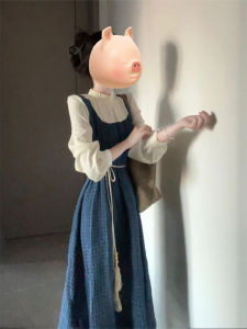 Ruffle Denim Patchwork Fake Two-Piece Long Sleeve Dress Womens Spring New Asymmetrical Waist-Cinching Elegant Long Dress