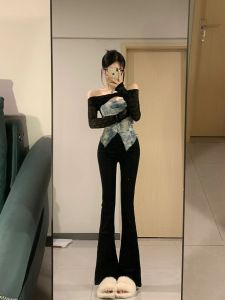 Quần Ống Loe Cạp Cao Dài Thường Ngày Cho Nữ Mùa Thu Quần Jeans Ống Rộng Màu Tối Quần Dài