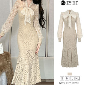 ZYHT EraVogue Womens Cream Long Sleeve Fishtail Dress Lace Dress Vintage Wedding Party French Dress 70155