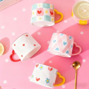 Ceramic Mug Creative Cute Hand-Painted Love Heart Coffee Cup Milk Oatmeal Breakfast Afternoon Tea Cup Valentines Day Present