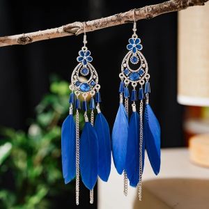 Blue Long Crystal Feather Earrings Bohemian Holiday Style Travel Ethnicity Atmosphere Fashion Jewelry Womens Earring Accessory