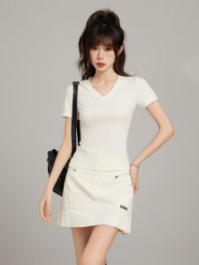 Spicy Girl White V-Neck Short Sleeve T-Shirt Women Summer Slim Fit Waist-Cinching Short Length Fashionable Korean Style Top