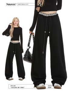 กางเกงกีฬาเอวสูงทรงหลวมสำหรับผู้หญิง NERESUM กางเกงขายาวทรงตรงลำลองสีดำ ทรงหลวม ดีไซน์คู่ รัดรูป ผ้าฝ้ายผสมโพลีเอสเตอร์