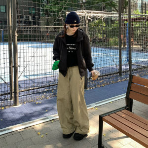 Khaki Color High Waist Straight Leg Wide Leg Pants Women Casual Design Spring Autumn Workwear Trousers Loose Fit Cotton Blend