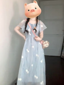 ชุดเดรสยาวลายดอกไม้สีน้ำเงินสไตล์ฝรั่งเศส ชุดเดรสยาวทรงเอเอวสูง แขนสั้น คอตั้ง ผ้าโพลีเอสเตอร์ ฤดูร้อน 2024