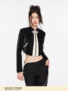 Puki New Chinese Style Stand Collar Short Jacket Casual Early Autumn Top Womens Clothing PU Leather Elastic Fiber 100%