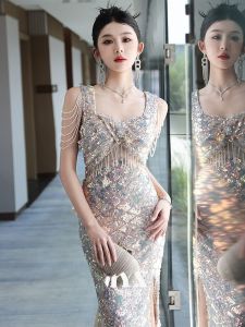 ชุดราตรีผู้หญิง 2025 ชุดเดรสยาวสายเดี่ยวประดับเลื่อมสุดหรู ทรงหางปลา แขนกุด คอเหลี่ยม กระโปรงทรงเอ ชุดราตรียาว