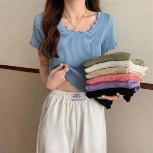 Korean Style Pure Desire Heart Strap Vest Women Summer New Inner Binding Short Crop Top Hot Girl Top Ins Splice round Neck Short Sleeve Polyester Fiber Solid Color