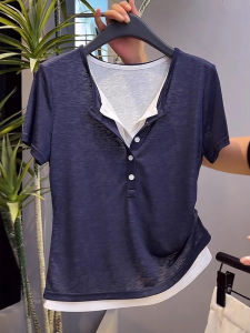 BINKAFENNY | Plus Size Summer T-Shirt Womens Loose Fit Color Block Short Sleeve Top Beautiful Design Korean Style Casual Wear V Neck