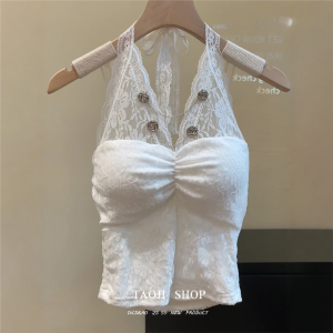 เสื้อกั๊กสายเดี่ยวคอวีลูกไม้สไตล์เกาหลีสำหรับผู้หญิง ฤดูใบไม้ผลิและฤดูร้อน เสื้อชั้นในสั้นสุดเก๋ไก๋สำหรับสาวๆ