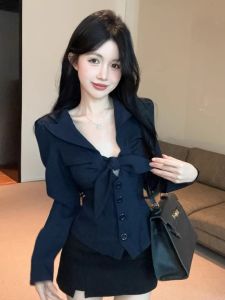 GUZILIAN | Áo sơ mi cổ bẻ tay dài thắt nơ phong cách Hàn Quốc cổ điển cạp cao ôm sát cơ thể cho nữ mùa thu