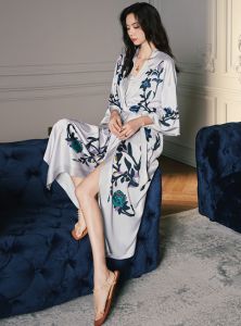Yehury Long Robe Satin Silk Womens Bathrobe Print Belted Bridesmaid Robe Long Nightgown Plus Size Nightie