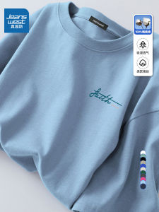 Jeanswest Pure Cotton Short Sleeve T-Shirt Mens Summer New Style American Print Loose Fit Youth Fashion Casual Top